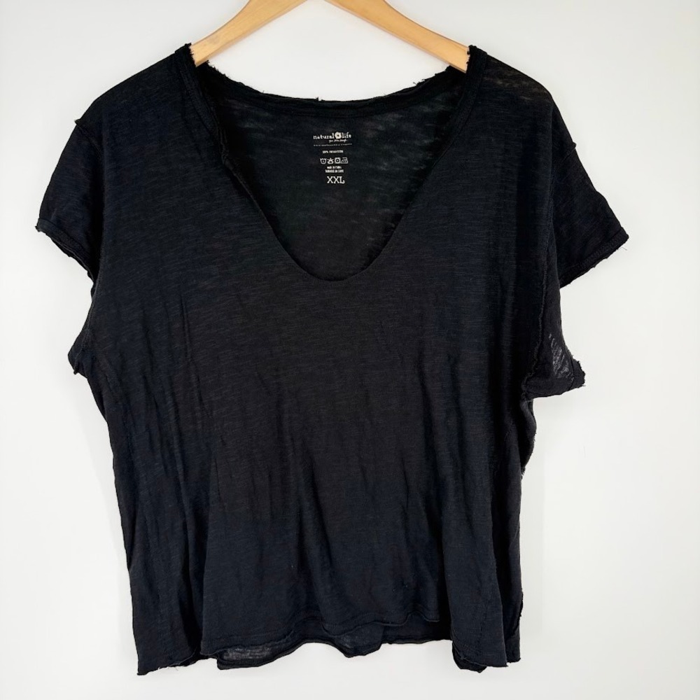 Natural Life Molly Cotton Slub Tee Shirt XXL Black Raw Hem Boho Casual